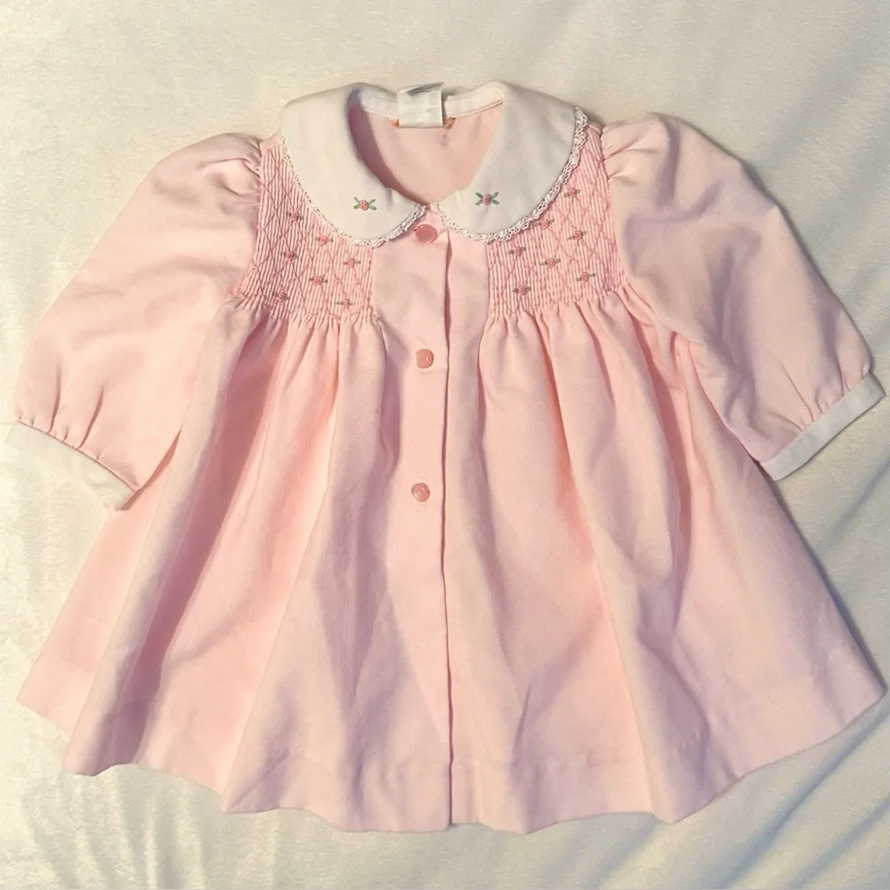 Vintage Pink Baby Girl Coat Dress 6-9M floral rose embroidered smocked unbranded